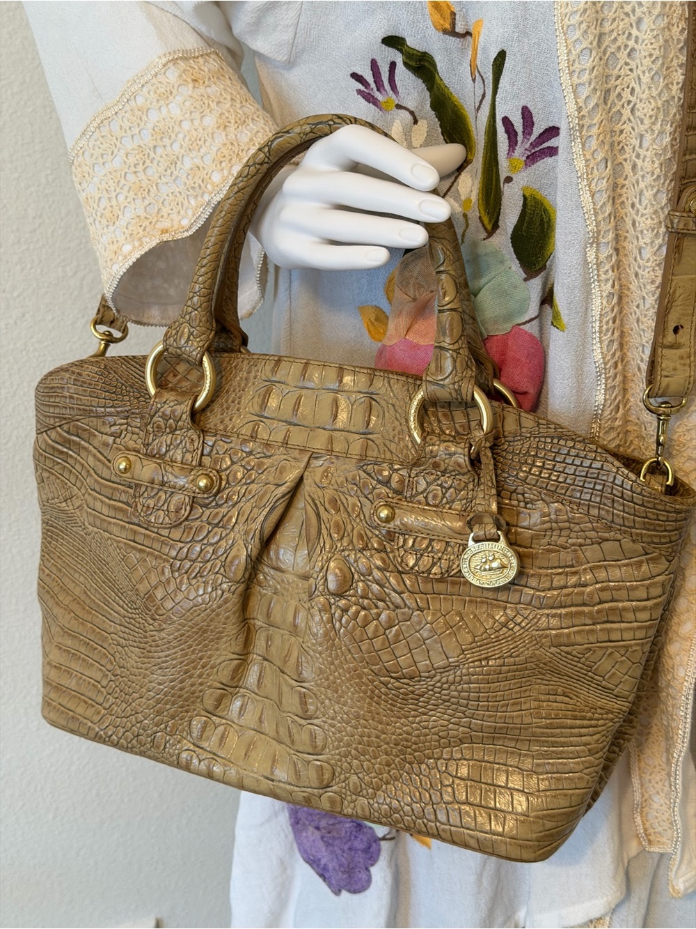 Brahmin Taupe Croc-Embossed Leather Shoulder Bag Free Mini pack back Bag Charm